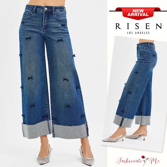 RISEN High Rise Ribbon Detail Cuffed Hem Dark Wash Cropped Wide Leg Denim Jeans - Picture 1 of 7